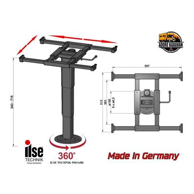 Ilse Technık 5963 G06R822 Zemine Sabitlenen Teleskopik Karavan Masa Ayağı 360 DERECE DÖNEBİLEN İLERİ GERİ KAYDIRMALI made in germany